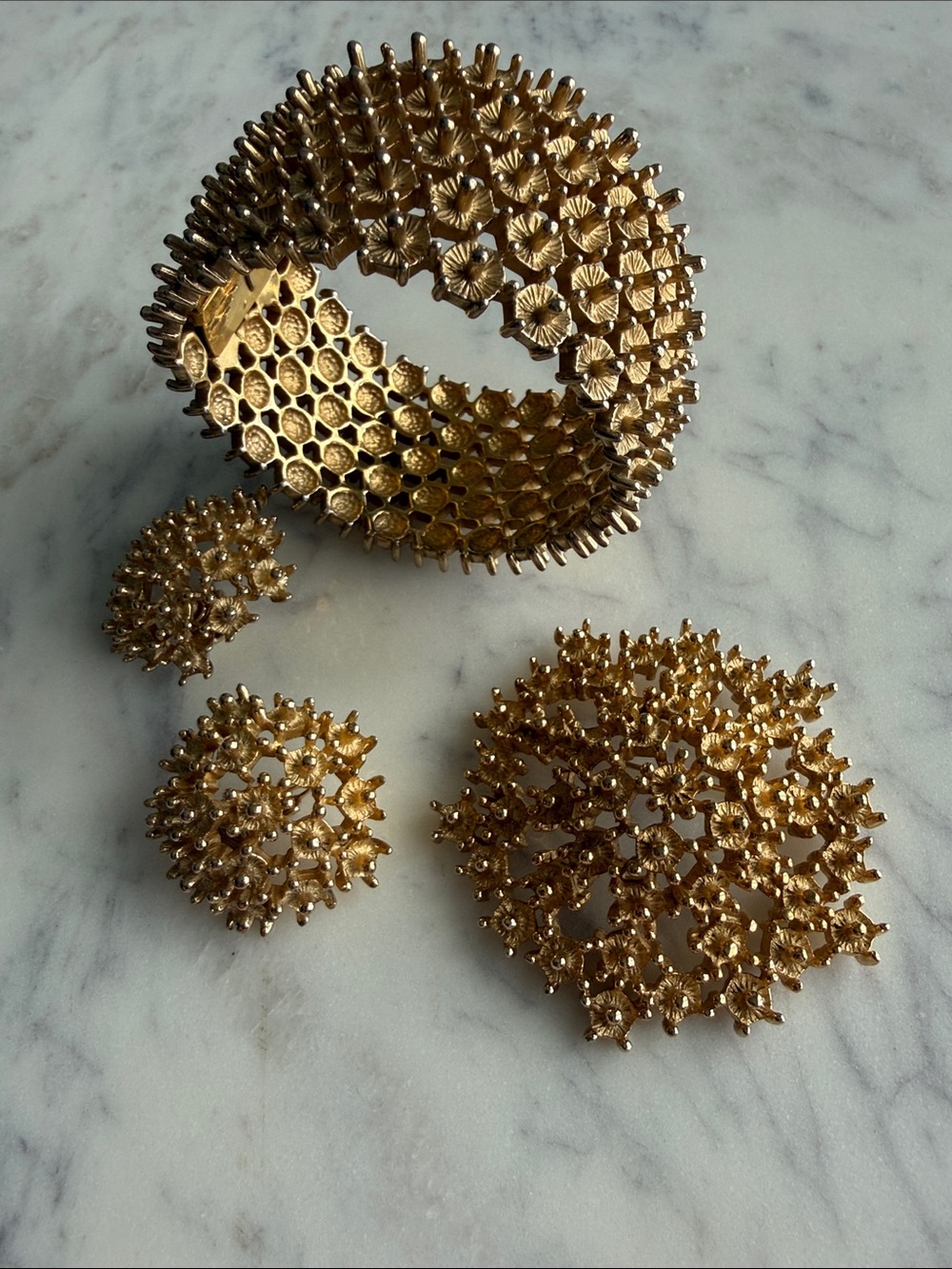 Vintage jewelry MCM Castlecliff gold anemone brooch bracelet earrings set